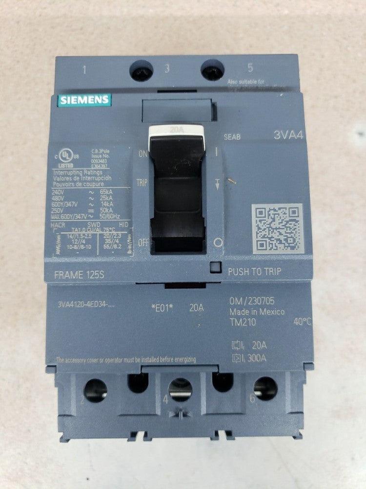 SIEMENS 3VA4120-4ED34-0AA0 125S 3VA4 20 AMP 3P 25kA@480V CIRCUIT BREAKER NTO