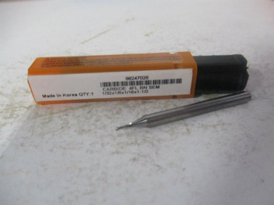(E599924490) 1/32" x 1/16" x 1/8" x 1-1/2" OAL Solid Carbide 4Fl Ball End Mill 