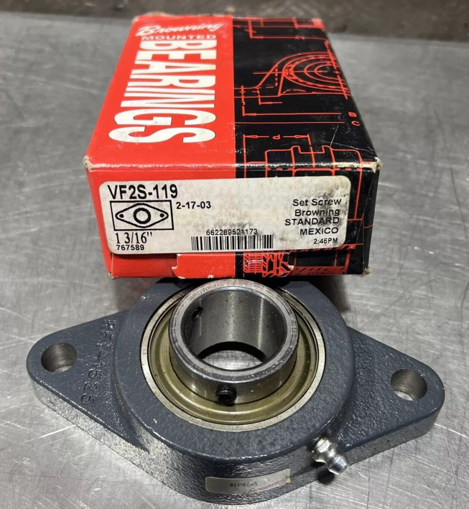 Browning VF2S-119 Flange Mount Ball Bearing, 1-3/16" Bore, 2 Hole, Set Screw