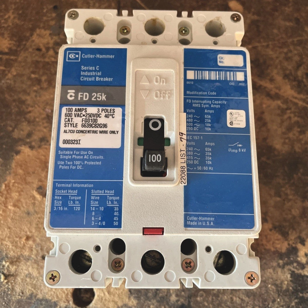 Cutler Hammer FD3100 3P 100 Amp 600 Volt 25k Circuit Breaker. 