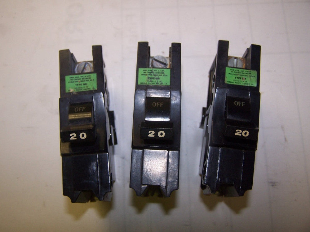 3) FPE 20 AMP CIRCUIT BEAKER 240 VAC 1 POLE NB120 LOT OF 3
