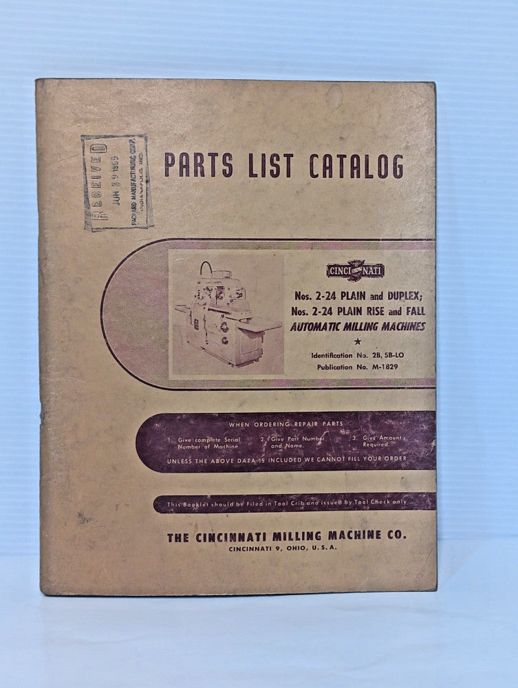 Cincinnati Milling 2-24 Plain & Duplex & 2-24 Rise & Fall Parts List Catalog