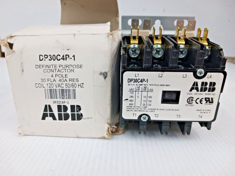 ABB 30 AMP DEFINITE PURPOSE CONTACTOR 4 POLE 120V COIL 20 HP DP30C4P-1 (FLAW)