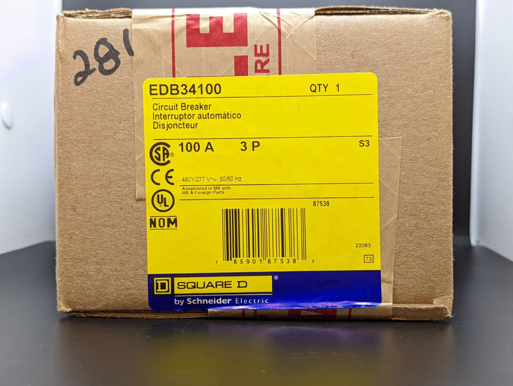 Square D EDB34100 3 Pole 100 Amp 480V Bolt On Circuit Breaker NEW IN BOX