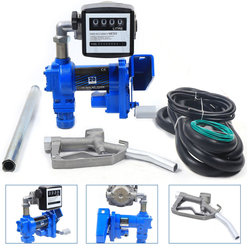 12V Fuel Transfer Pump Gasoline Anti-Explosive 20GPM with Nozzle Meter 265W US