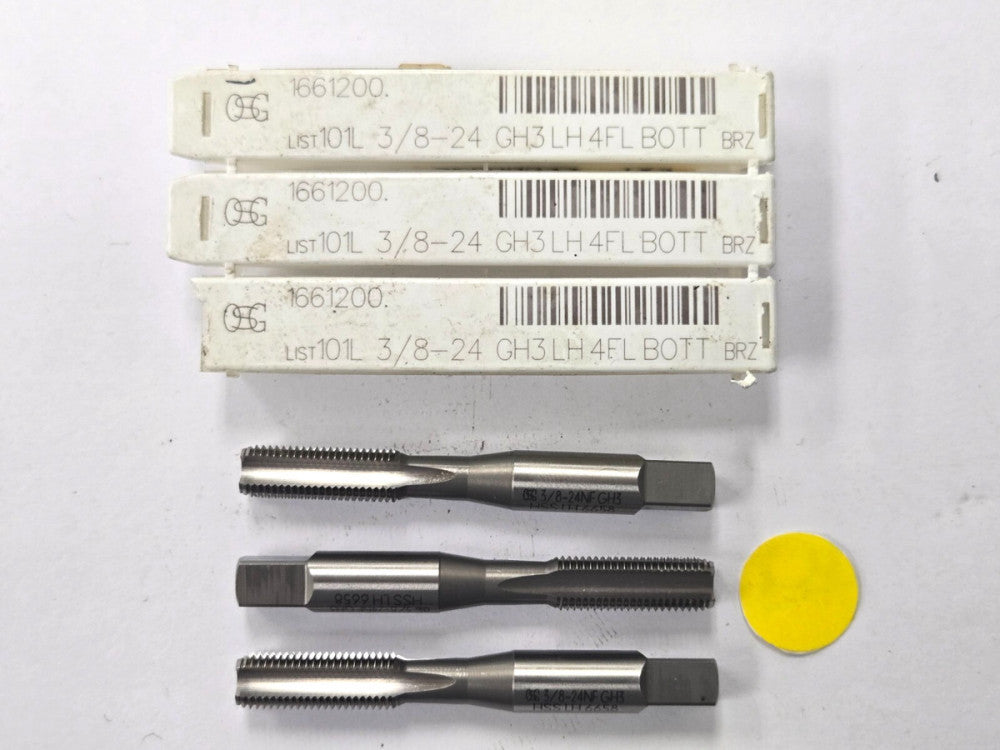 OSG CUTTING TAP WITH BOTTOMING CHAMFER  #3/8-24 NC GH3 LEFT HAND LOT OF 3