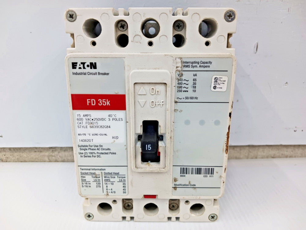 EATON 15 AMP CIRCUIT BREAKER 3 POLE 600 VAC / 250 VDC 35kA FD3015