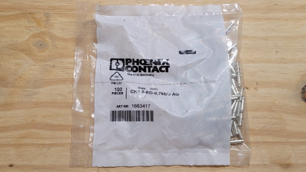 Bag of 100 Phoenix Contact CK1,6-ED-0,75BU AG 1.6mm Crimp Contacts 1663417