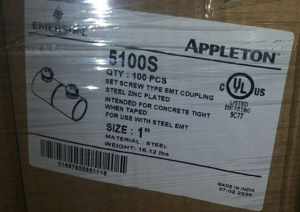 (1 CASE OF 100) NEW Appleton Set-Screw EMT Coupling 1" 5100S