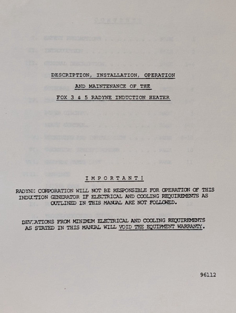 Radyne 14154 Fox 3 & 5 Induction Heater Installation & Operation Manual as shown