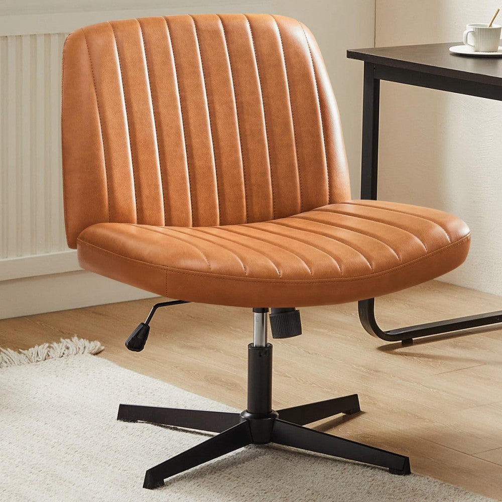 Criss Cross Chair Legged, Armless Office Wide Desk Chair No Wheels, PU Leathe...
