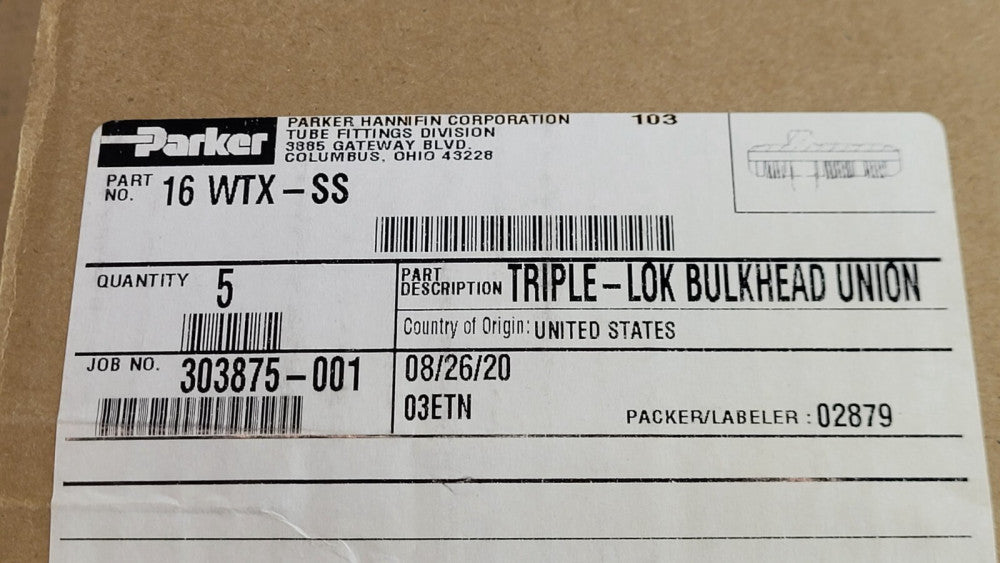 Box / 5 Parker 16 WTX-SS Stainless Steel 37° Flare JIC Bulkhead Unions 1" Tubing
