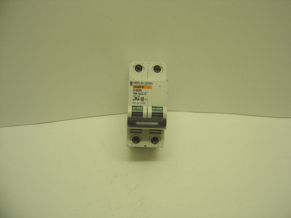 MERLIN GERIN 24451 MULTI9 C60N CIRCUIT BREAKER 16 AMPS C POLE:2 480 VAC DIN RAIL