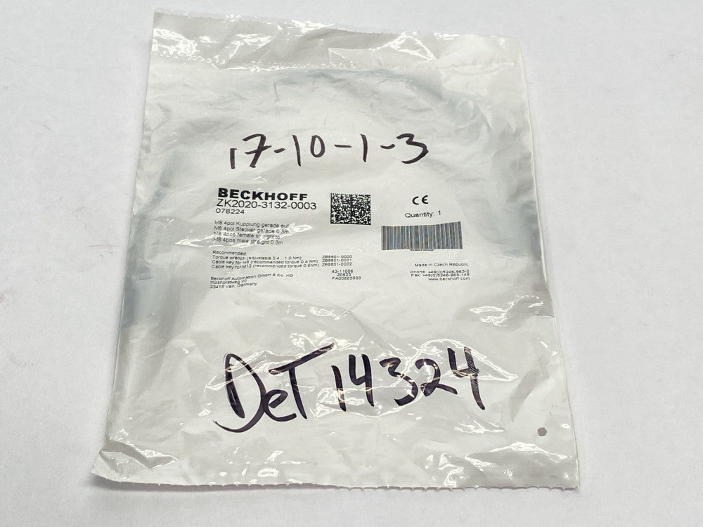 Beckhoff ZK2020-3132-0003 Power Cable Male/Female M8 4-Pin 0.3m 078224