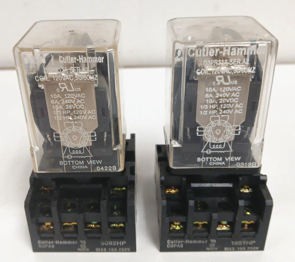 CUTLER HAMMER GENERAL PURPOSE RELAY D3PR33A 11 PIN 10 AMP 120 VAC COIL  LOT OF 2