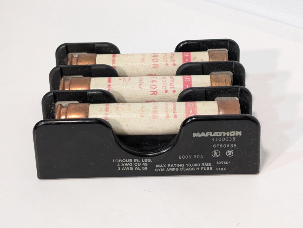 Marathon 4100035 Motor Starter Fuse block holder & 3 Gould Shawmut TRS40R Fuses