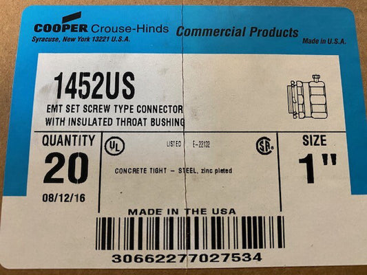 (Box of 20) Crouse-Hinds 1452US 1" USA Steel Insulated Set Screw EMT Connector