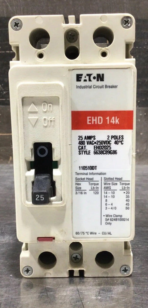 EATON EHD 14k, EHD2025, 2 Pole, 25 Amp, 480 VAC, Circuit Breaker NOS Surplus NNB