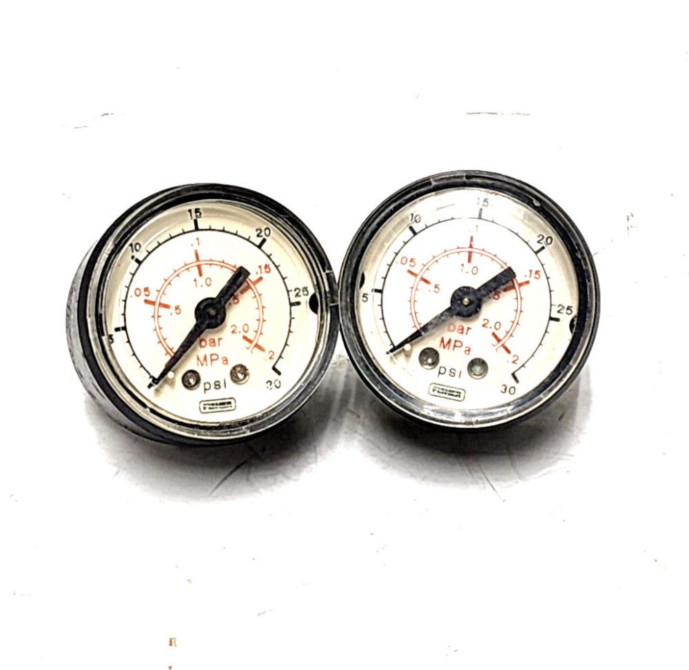 FISHER 30PSI PRESSURE GAUGES (LOT OF 2) 1.5" DIA 1/8" NPT BACK MOUNT 11B4040X042