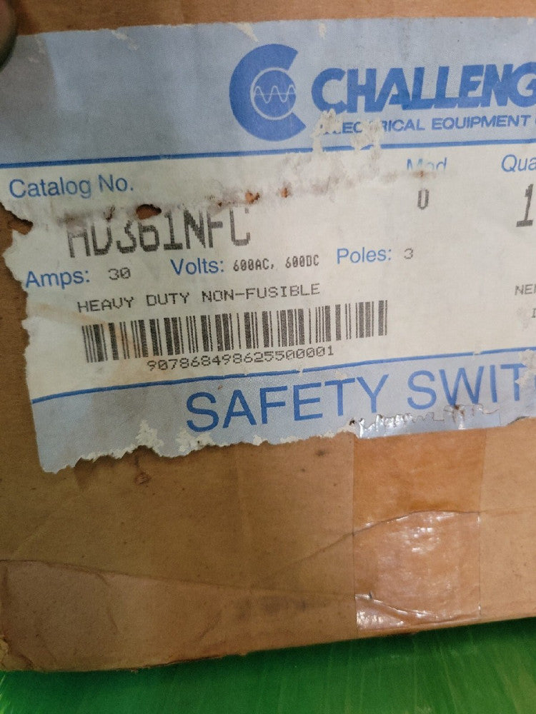 1- CHALLENGER HD361NFC HEAVY DUTY SWITCH 3PH 30 Amp 600V NON-FUSIBLE NEMA 1 NEW