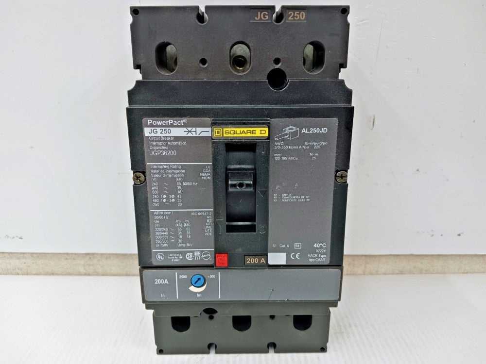 Square D PowerPact 200 Amp Circuit Breaker 3 Pole 600 VAC / 250 VDC JGP36200