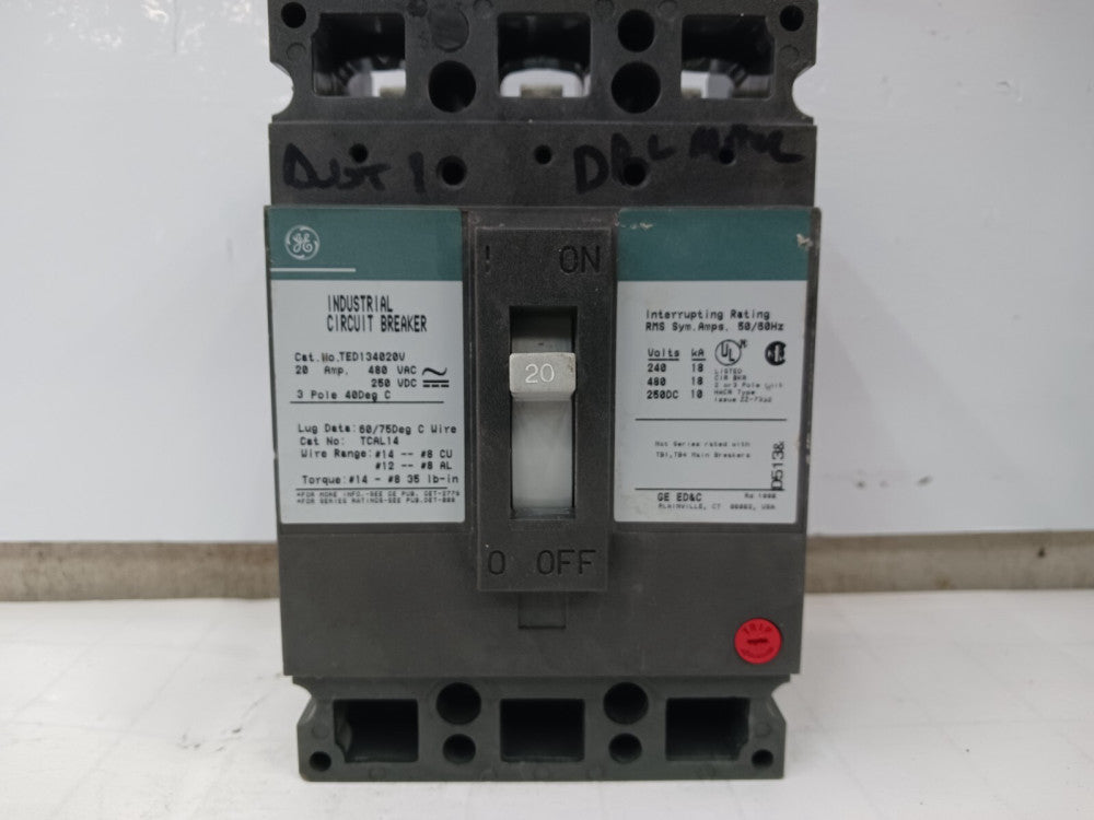 GE 20 AMP CIRCUIT BREAKER 3 POLE 480 VAC TED134020V