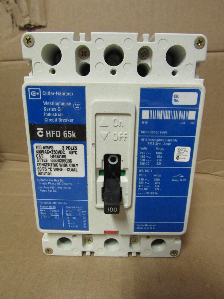 CUTLER-HAMMER HFD3100 CIRCUIT BREAKER, 3P/100A/600V /65kA, CLEAN! MAKE OFFER!