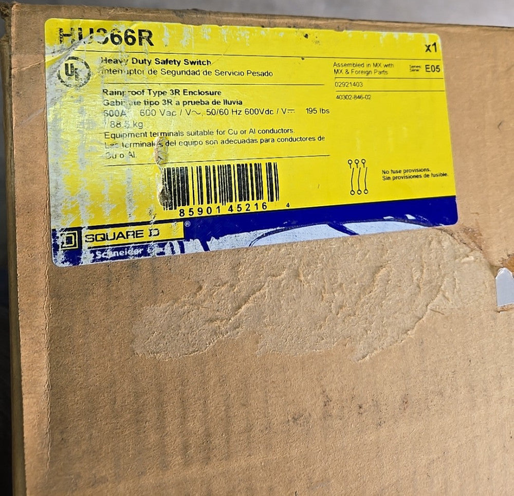 Square D HU366R Heavy Duty Non-Fusible Safety Switch 600V 600A 3P 3PH Type 3R