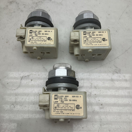 3 Pack Square D Pilot Light Class 9001 KM1 110-120v Series H *MISSING LENS COVER