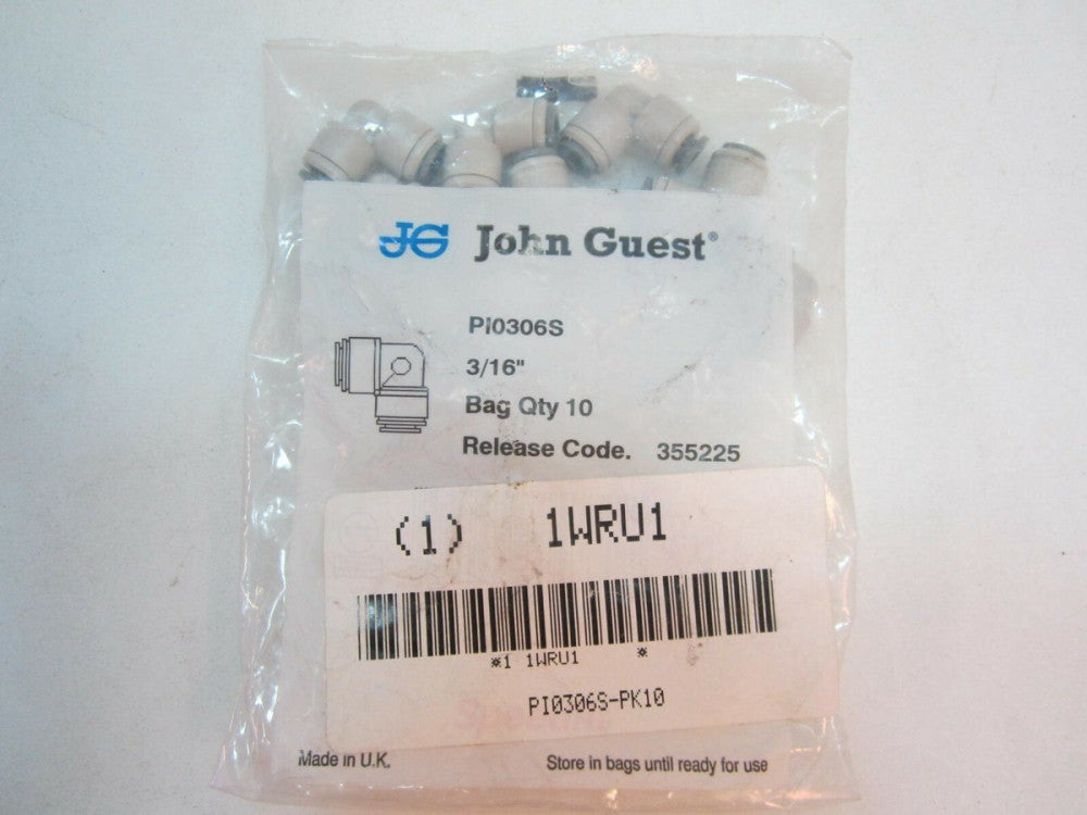 JOHN GUEST Union Elbow -PI0306S-PK10- 3/16" Tube OD, 150 PSI, Gray, Pk10