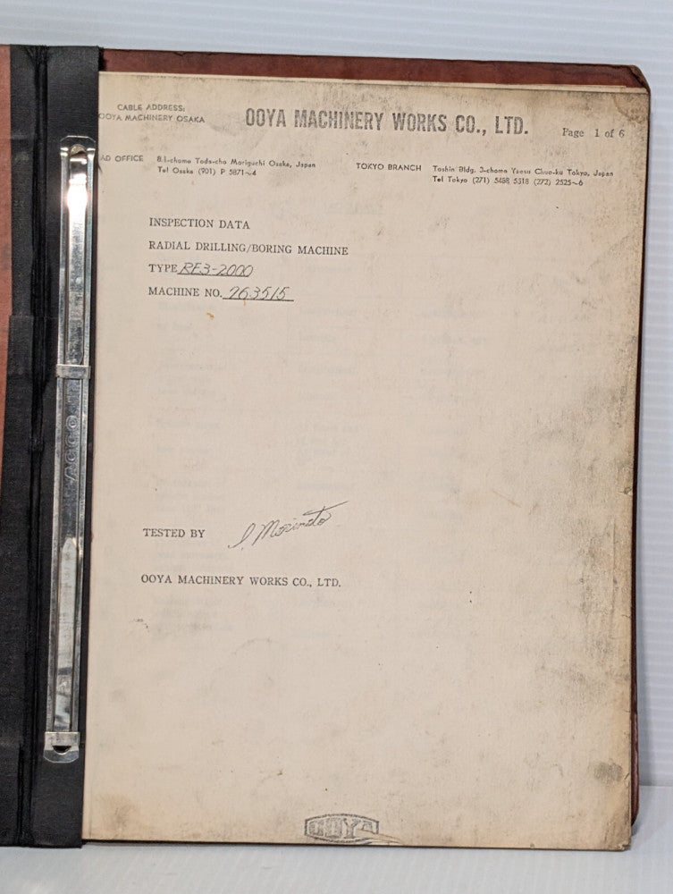 Ooya Machinery RE3-2000 Inspection Checklist Data Manual with System Specs.
