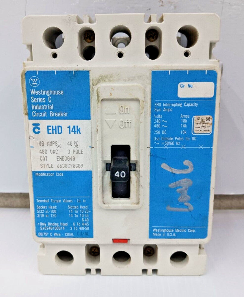 WESTINGHOUSE 40 AMP CIRCUIT BREAKER 3 POLE 480 VAC EHD3040