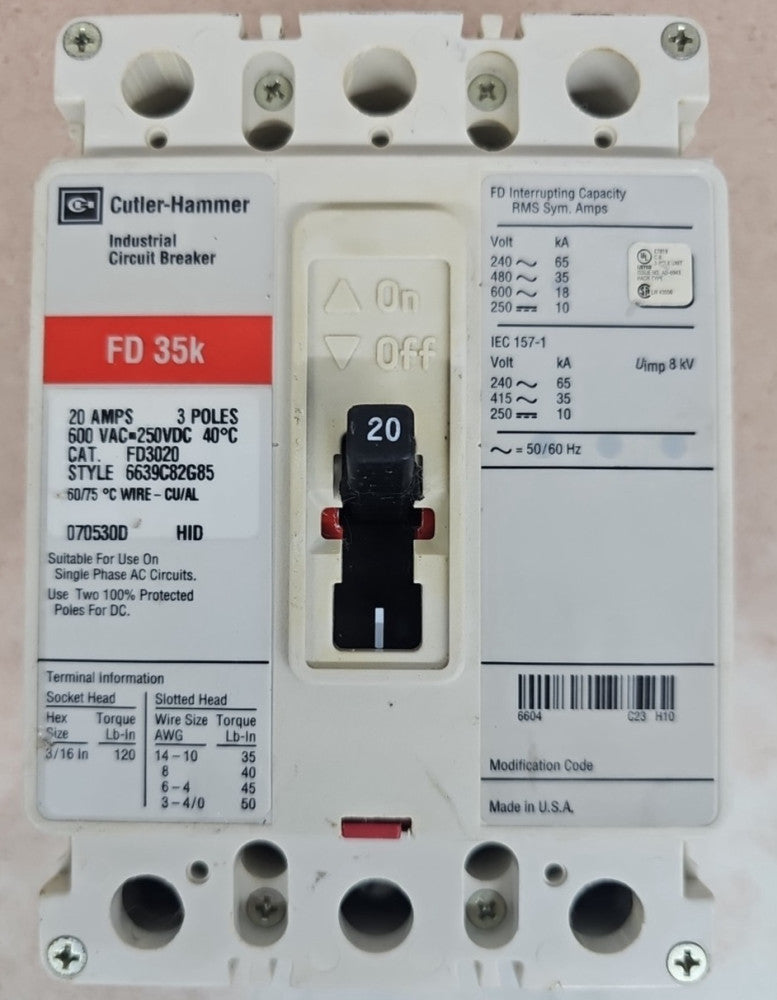EATON CUTLER HAMMER FD3020 FD 3 POLE 20 AMP 480v CIRCUIT BREAKER RED NTO