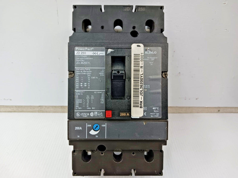 Square D PowerPact 200 Amp Circuit Breaker 3 Pole 600 VAC / 250 VDC JDL36200YL