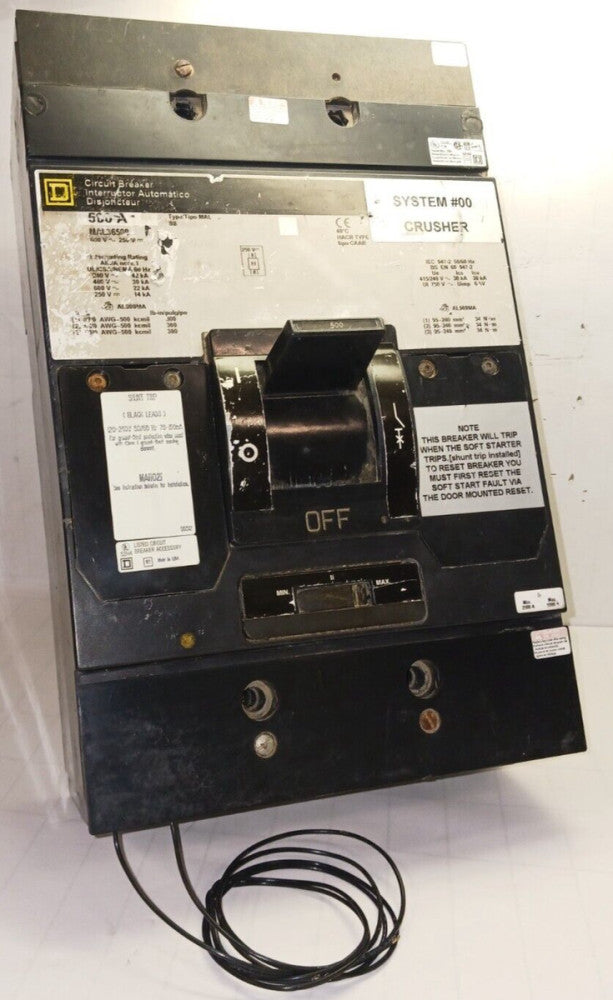 SQUARE D 500 AMP SHUNT TRIP CIRCUIT BREAKER 3 POLE 600 VAC 250 VDC MAL36500