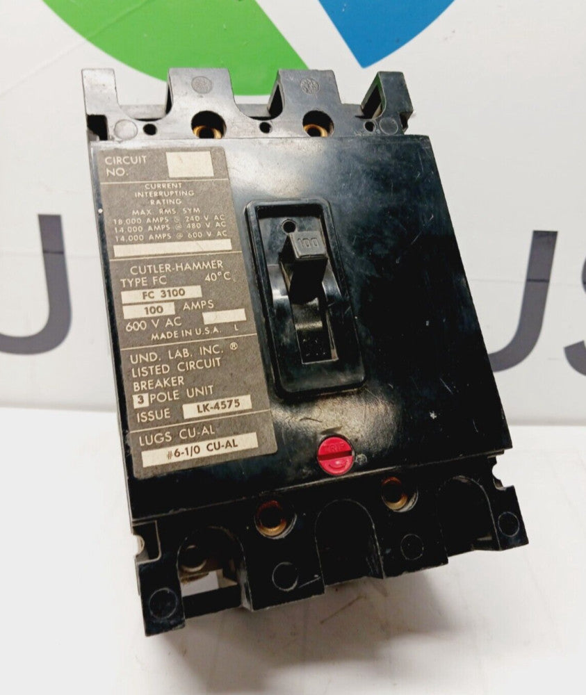 CUTLER HAMMER 100 AMP CIRCUIT BREAKER 3 POLE 600 VAC  FC3100