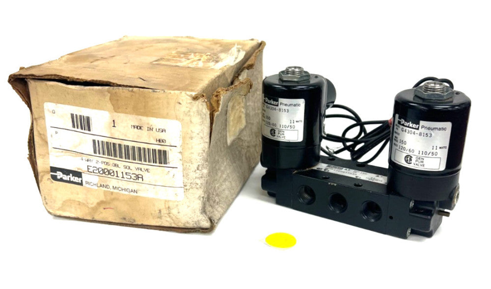 PARKER E20001153A PNEUMATIC VALVE 4 WAY 2POS 110-120V 11W 150PSI OAL 5-1/4"