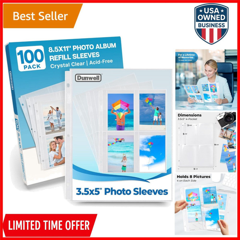 Photo Sleeves for 3-Ring Binder 3.5x5 100 Pack Acid-Free Plastic Photos