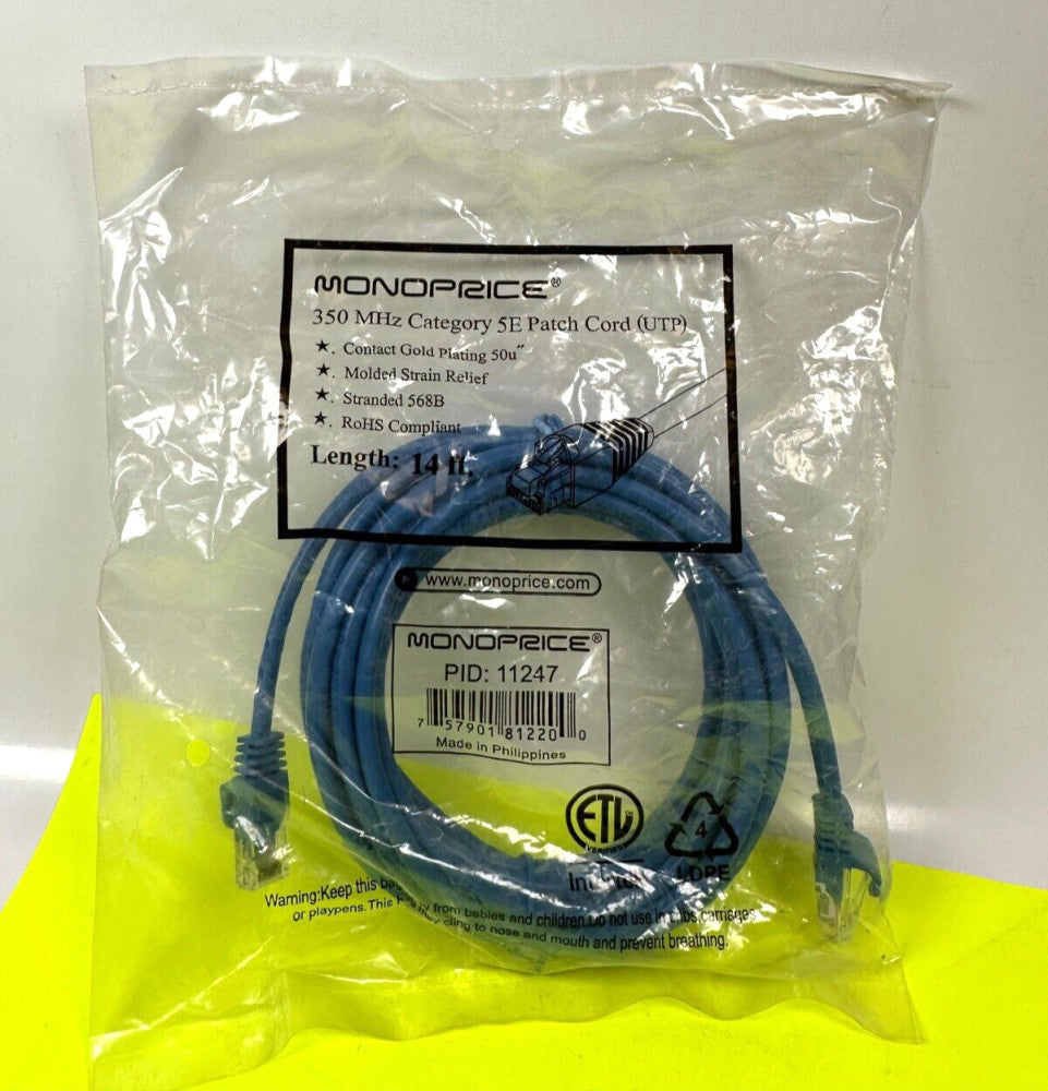 Monoprice 11247 350MHz Category 5E Patch Cord (UTP) Blue 14ft. - NEW Fast Ship