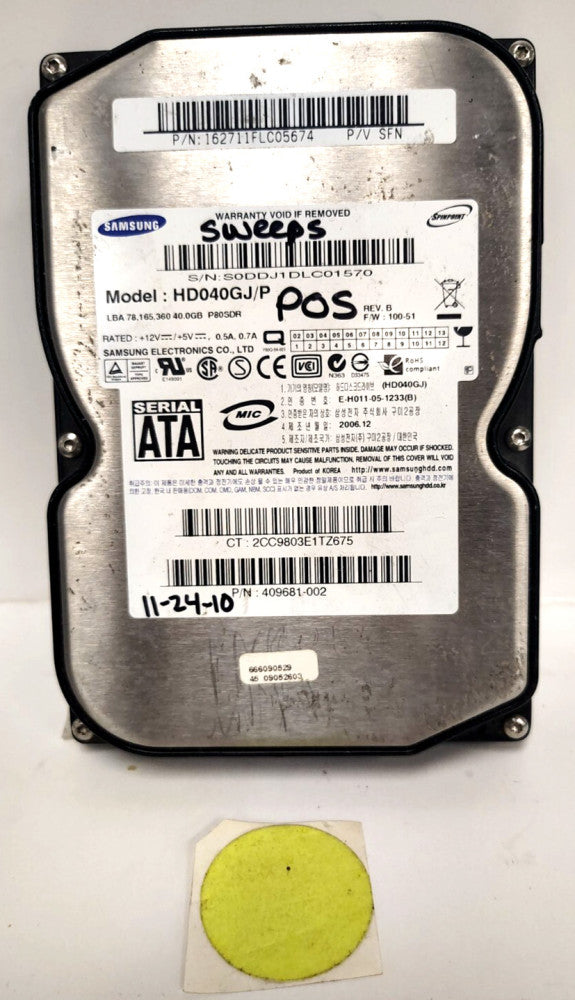 SAMSUNG SPINPOINT HARD DISK DRIVE 40.0GB REV. B HD040GJ/P