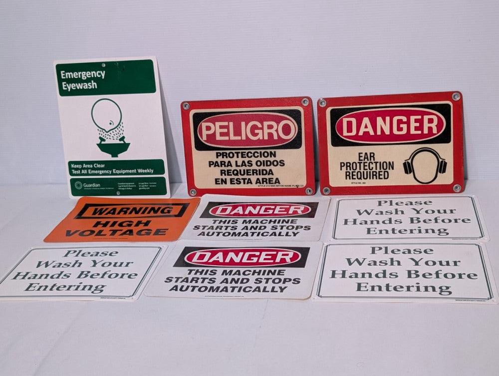 Lot of 9 Safety Signs, 10" x 7", Wall Mount, Varying Legends and Materials