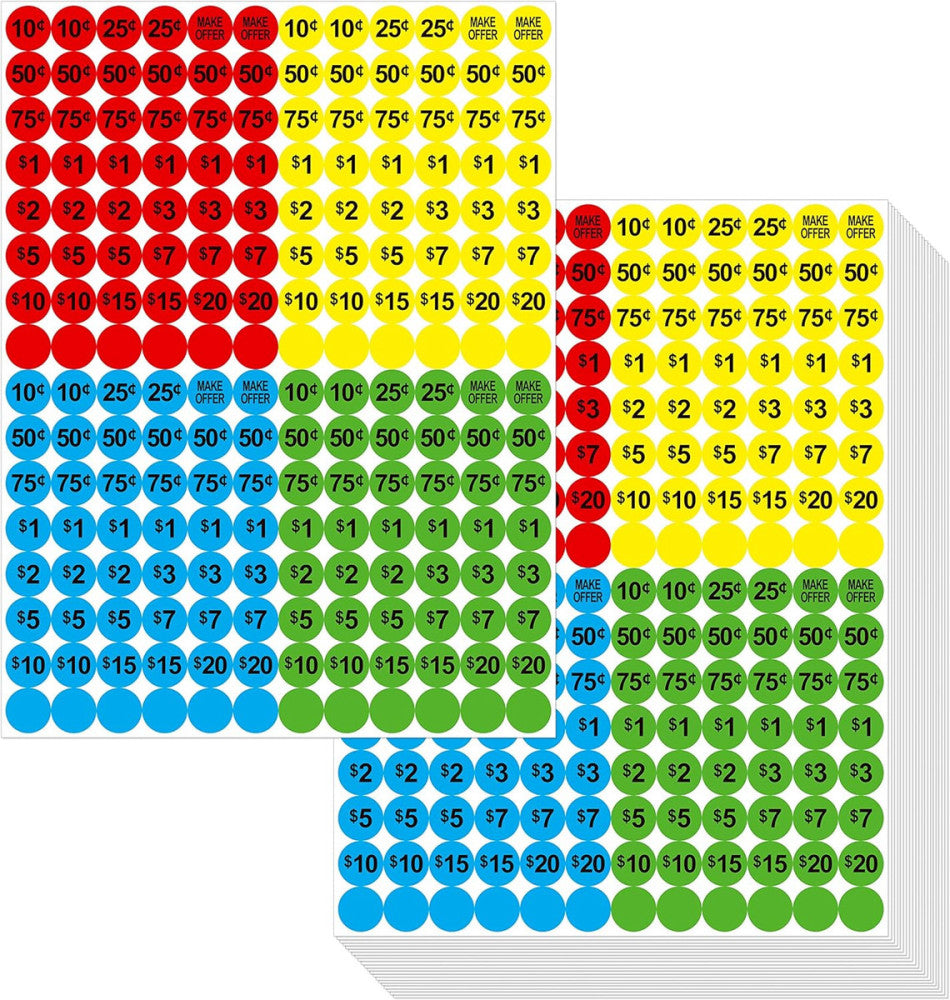 3840 Pcs Garage Sale Flea Market Prepriced Pricing Stickers in Bright Colors 