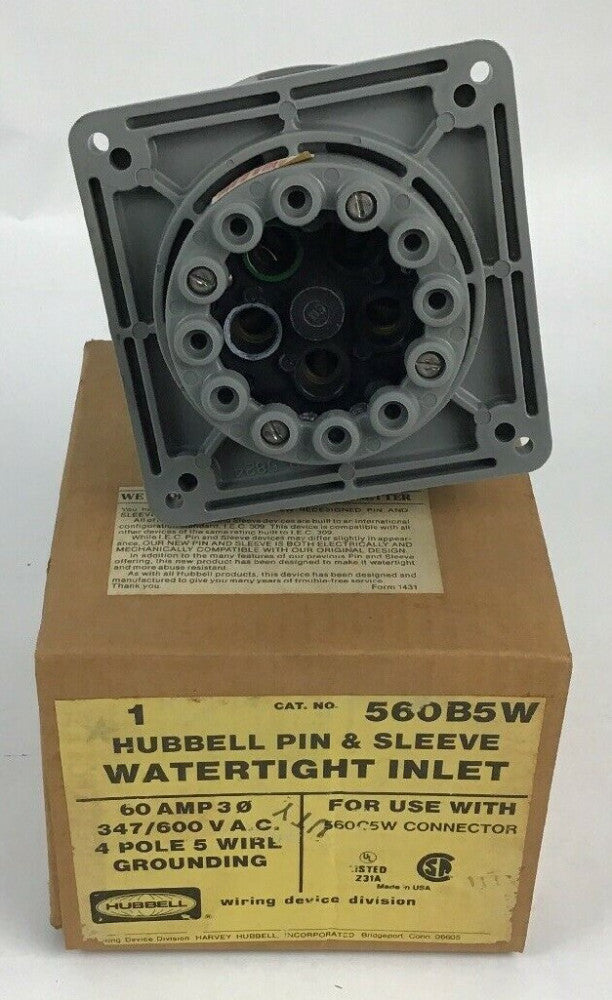 HUBBELL 560B5W WATERTIGHT INLET PIN&SLEEVE 4POLE 5 WIRE 60A 347/600VAC 