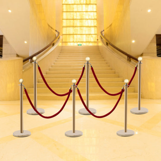 6PCS Stanchion Set/Post/Rope Velvet Velour VIP Crowd Control Queue Line Barriers