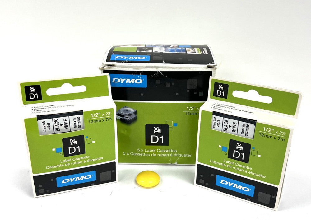 DYMO 45013 D1 LABLE TAPE BLACK ON WHITE 1/2" X 23' LOT OF 2