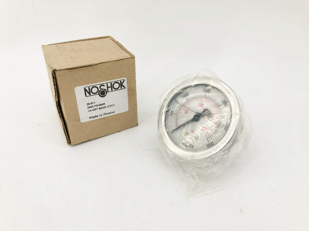 New No Shok 25-911 Pressure Gauge 3000psi 1/4" NPT BACK CONN