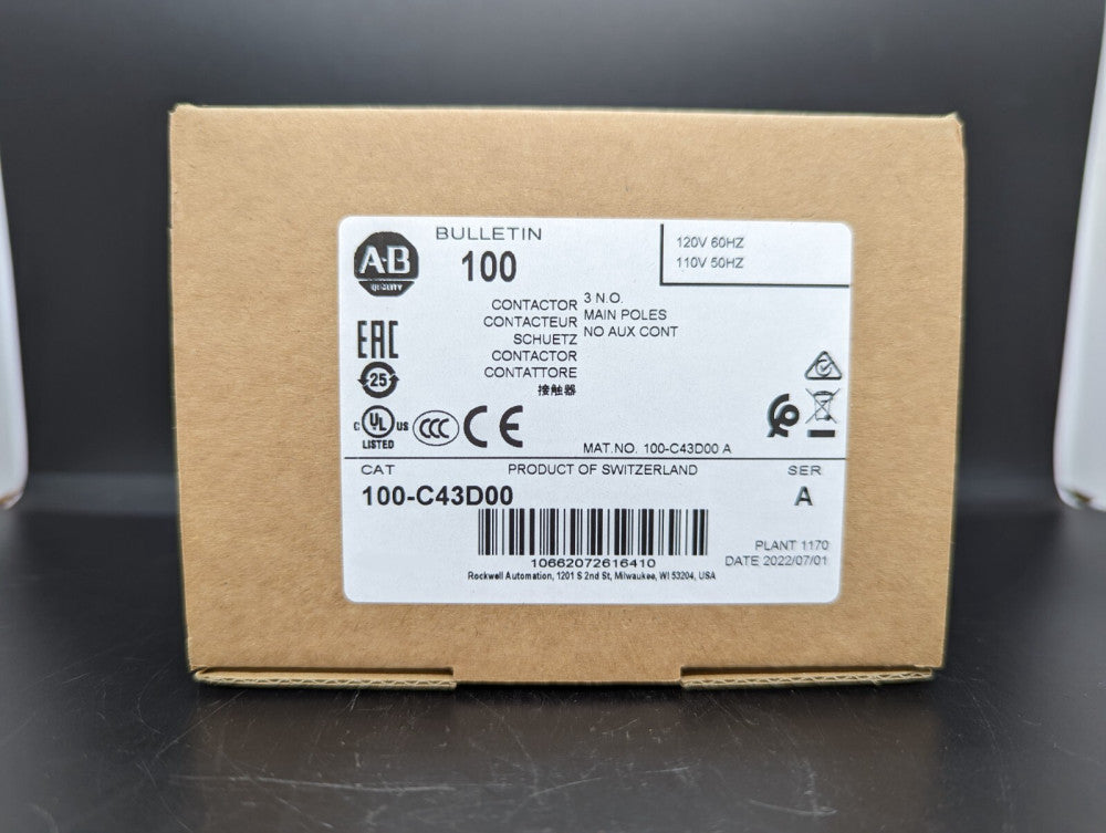 Allen Bradley 100-C43D00 120VAC 43A 3P Contactor No Aux Contact NIB USA