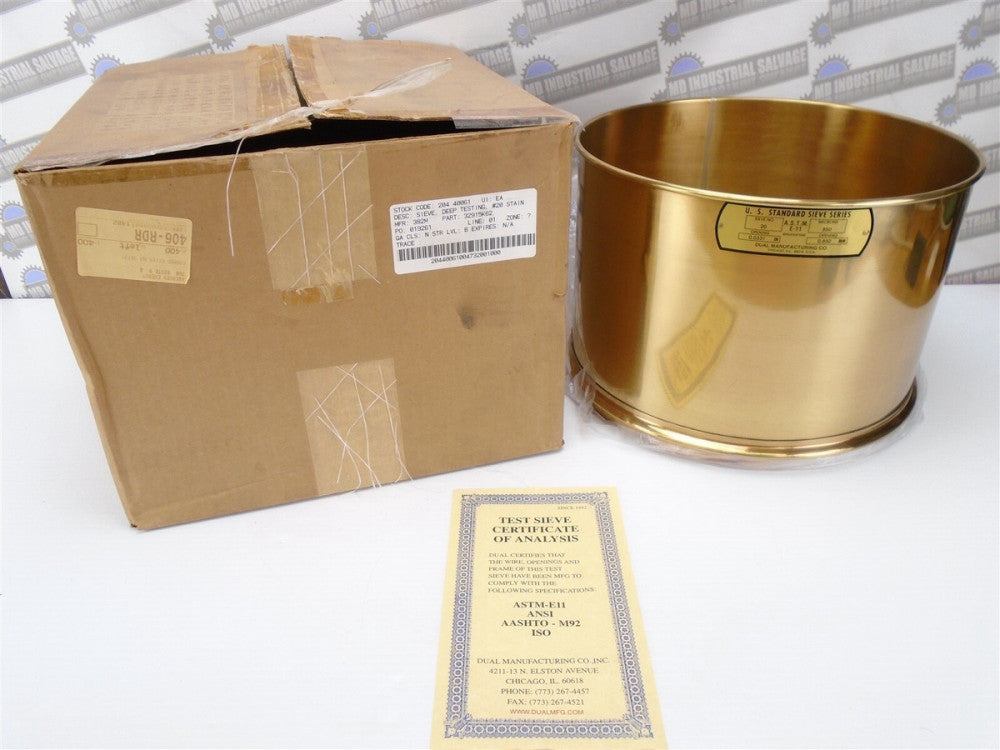 DUAL Manufacturing - 32915K62 - 12" SIEVE x 8" DEEP Brass Frame, SS #20 MESH