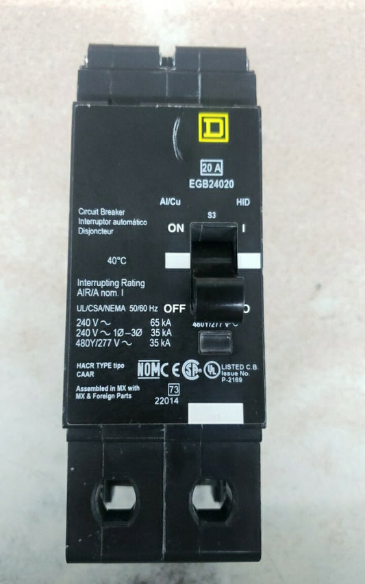 1-Square D EGB24020 20 Amp 480Y/277 VAC 2 Pole Bolt-On Circuit Breaker NTO