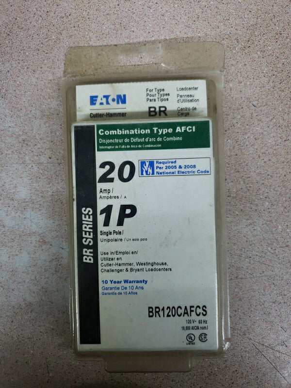 New! Eaton BR120CAFCS Type BR 1Pole 20Amp 120VAC 10kAIC Arc Fault